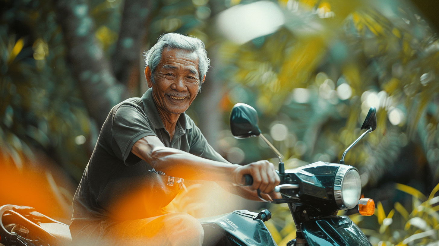 Smiling Indonesian man rides Yamaha RX King in garden