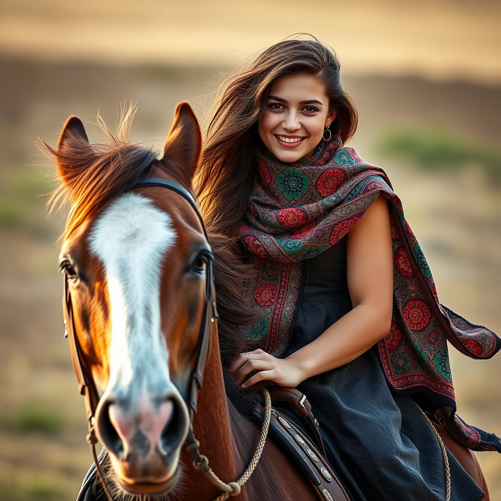 Smiling Iranian girl riding brown horse in local dress.