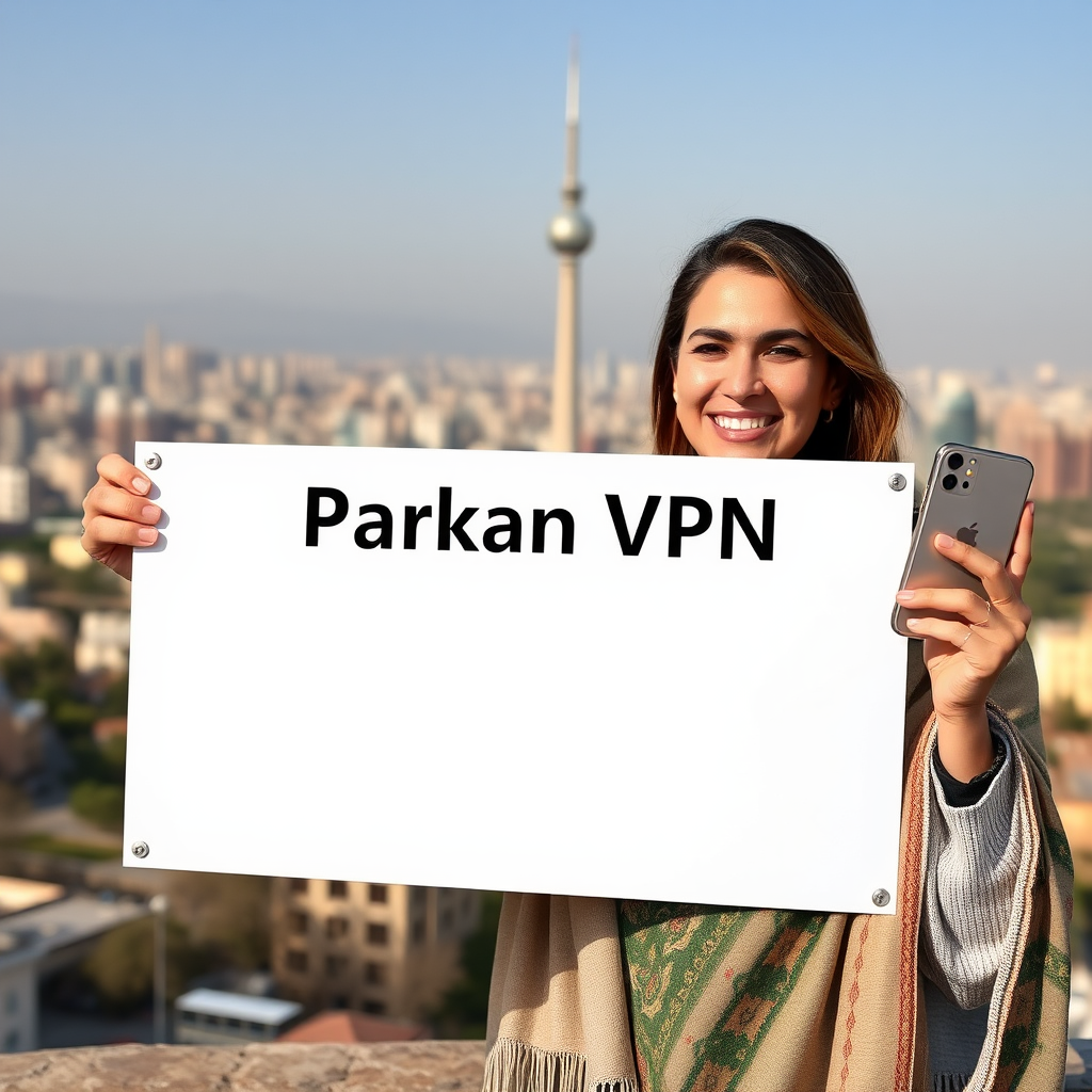 Smiling Iranian man holds 'Parkan VPN' banner in Tehran