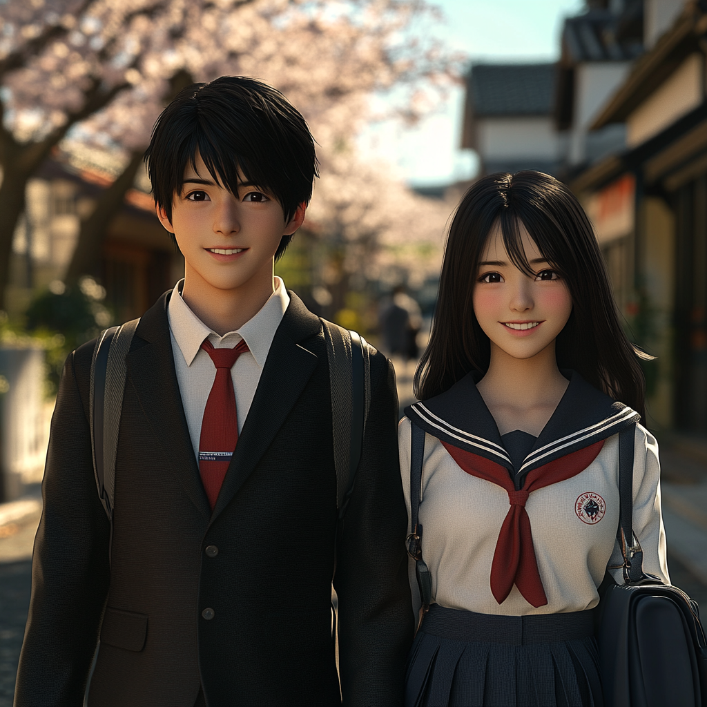 Smiling Japanese high school students walking home