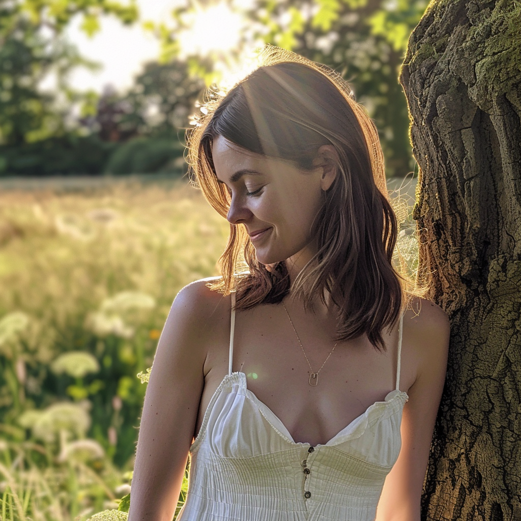 Smiling Jenna in halter dress under English sun