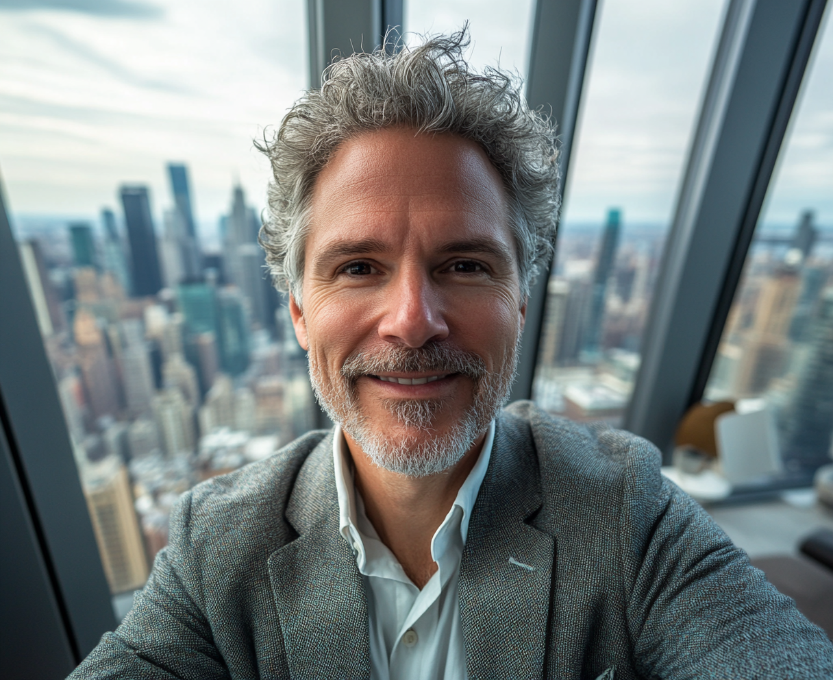 Smiling Mature Man's Selfie in High-Rise New York Office