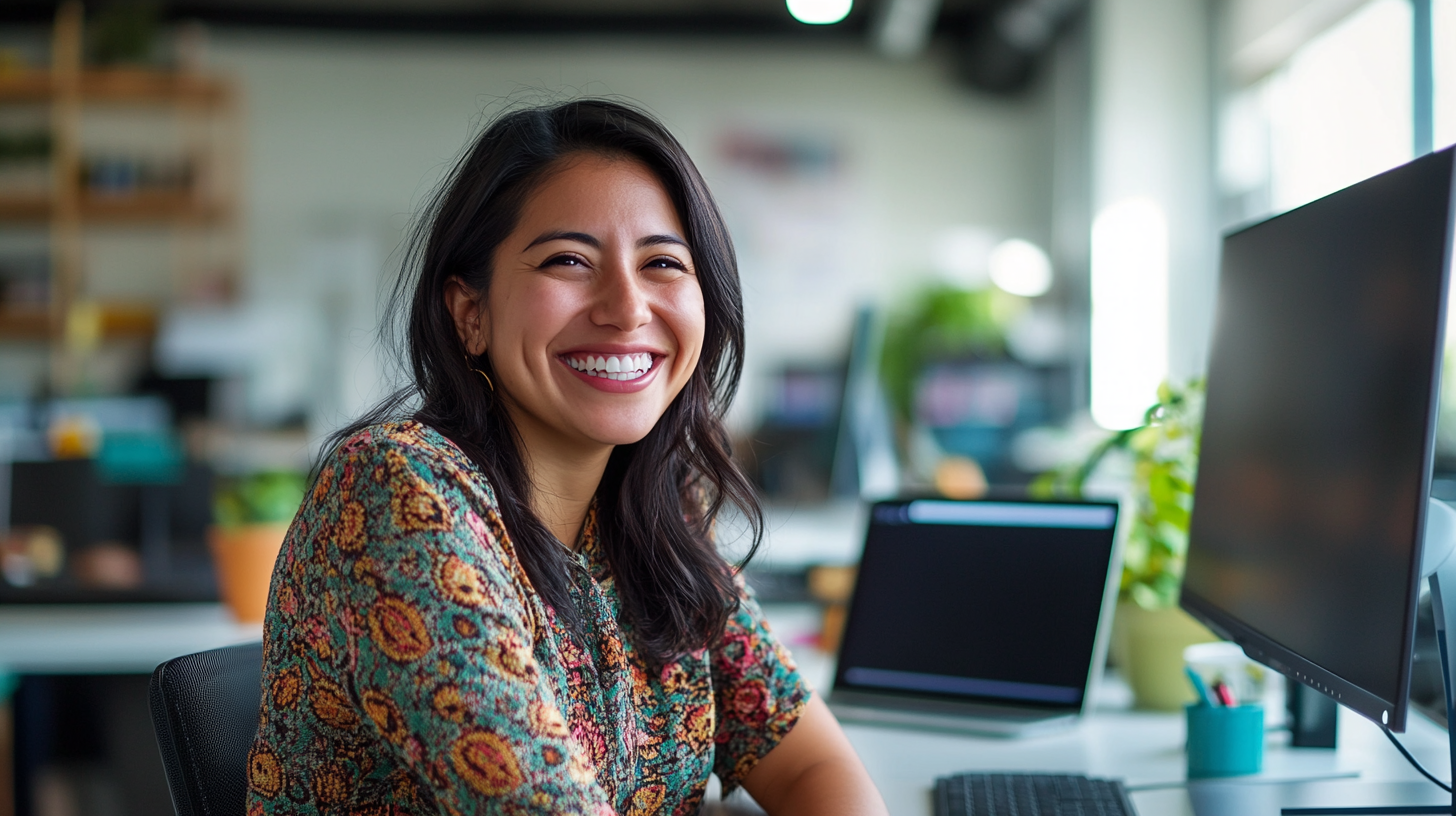 Smiling Mexican woman working in colorful office