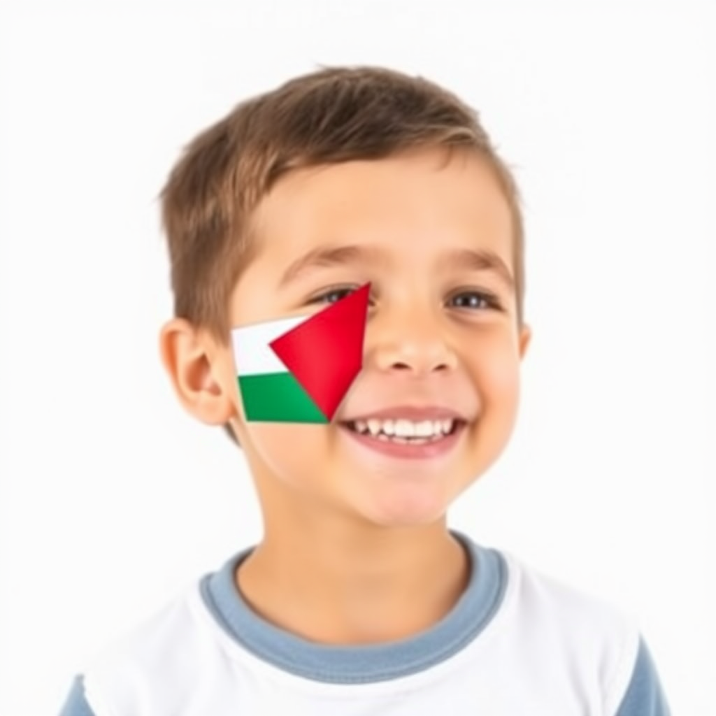 Smiling Palestinian boy with flag on cheek.