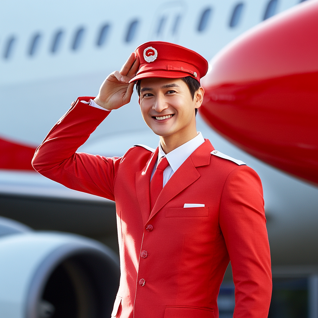 Smiling Pilot in Red Uniform Stands by Airplane