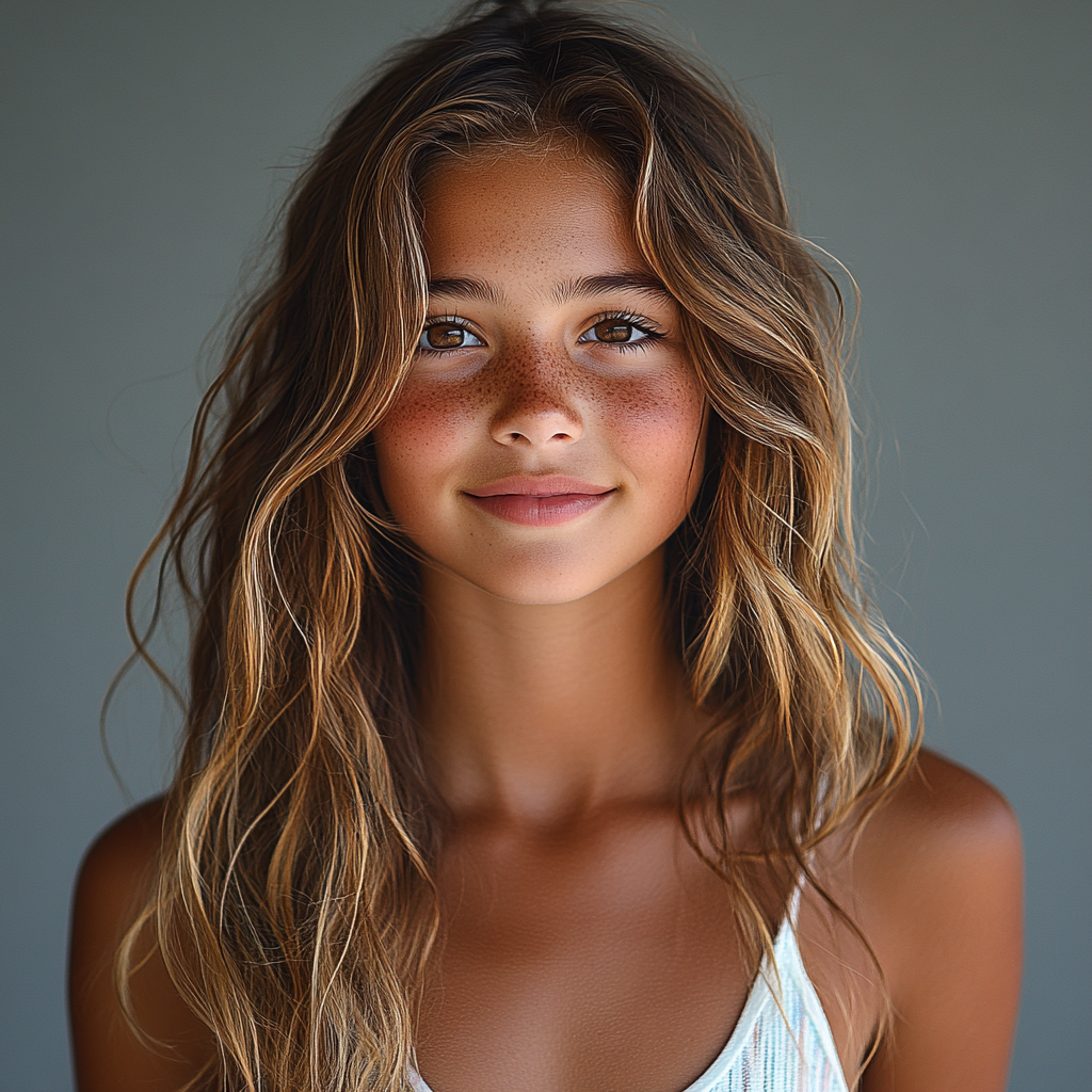 Smiling Teenage Girl Stands on Surfboard