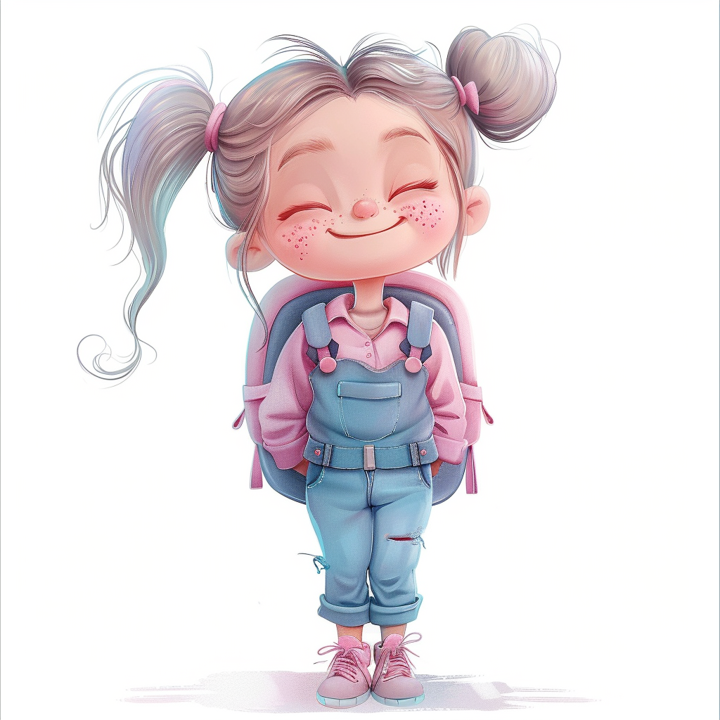 Smiling chibi girl in pink suit, backpack