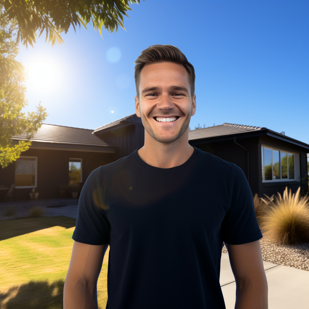 Smiling engineer at house in sunny weather caricature