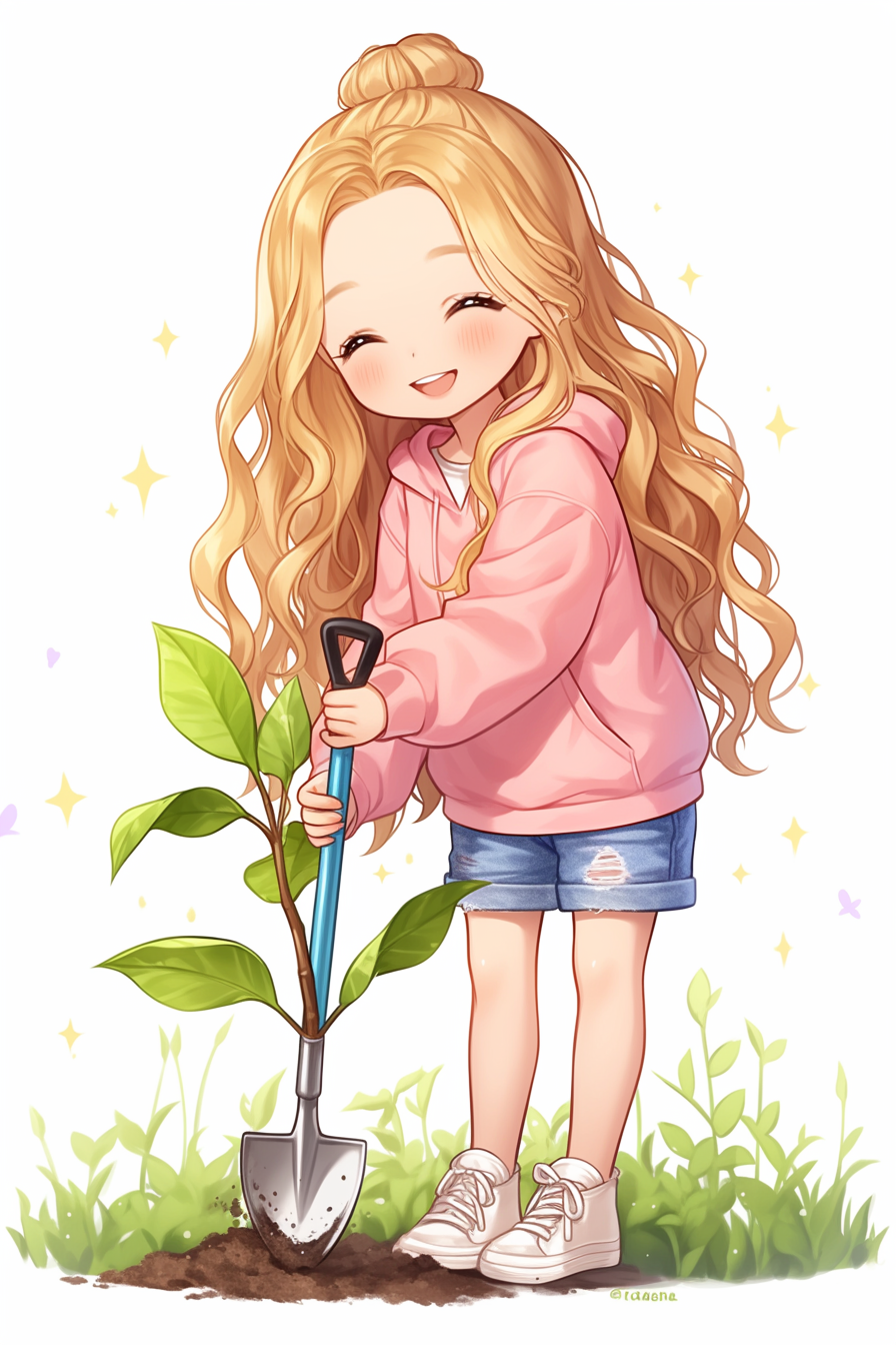 Smiling girl gardening in cute chibi style art