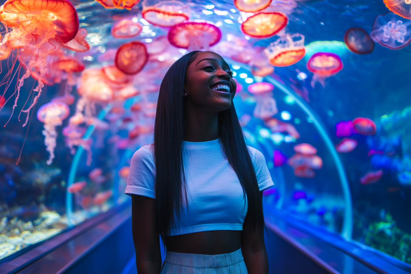 Smiling girl in tunnel with jellyfish at Aquarium.