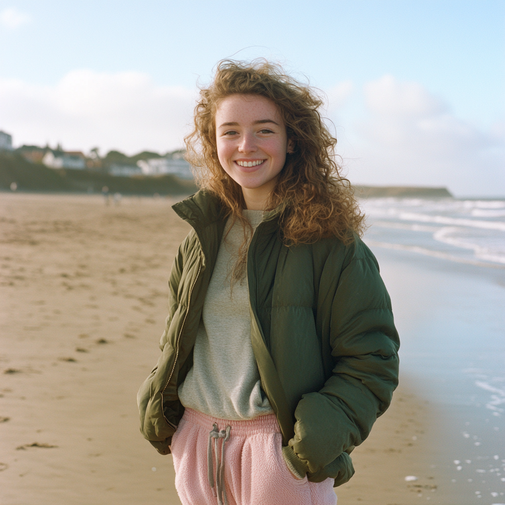 Smiling girl on British beach in autumn