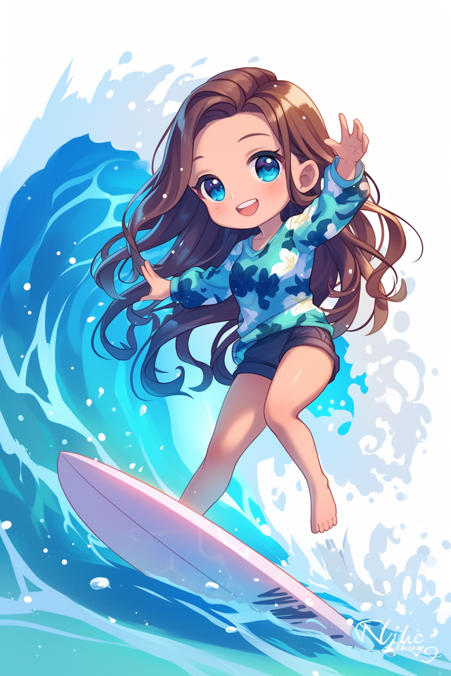 Smiling girl surfing on big waves in kawaii style