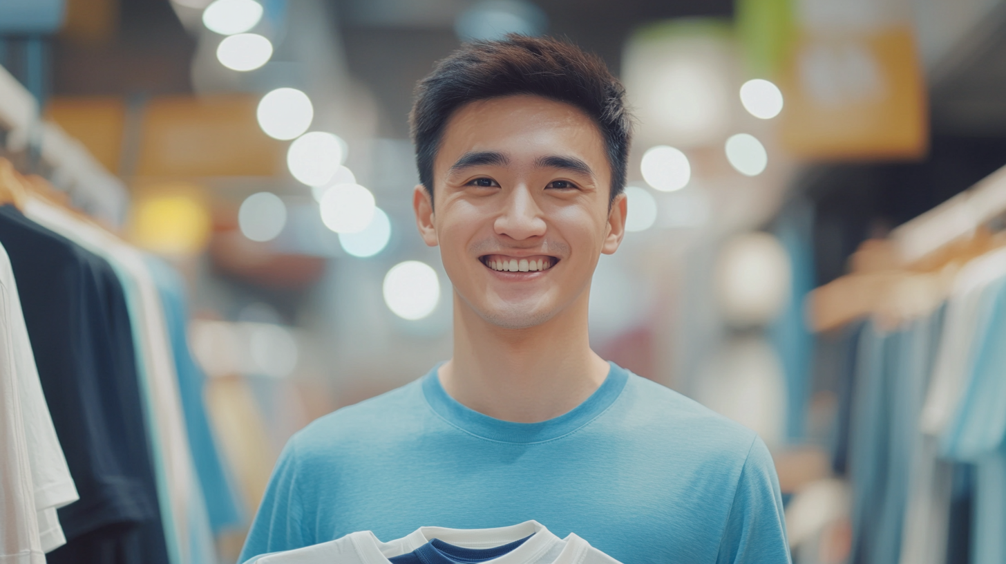 Smiling man holds many shirts in store.