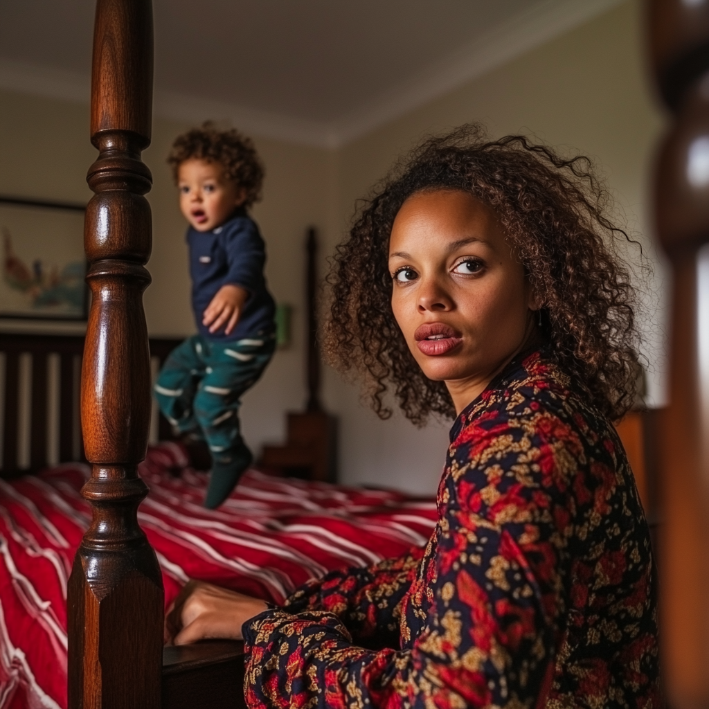 Smiling mother and toddler on bed