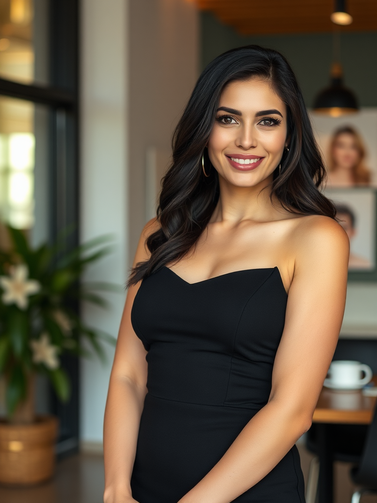 Smiling woman in black dress in cozy office