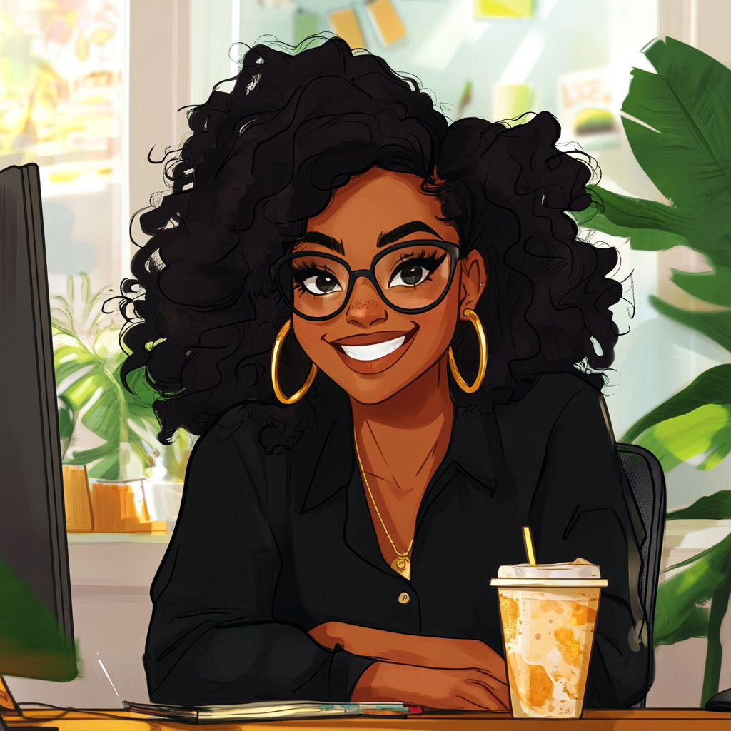 Smiling woman in glasses drinks coffee at computer.