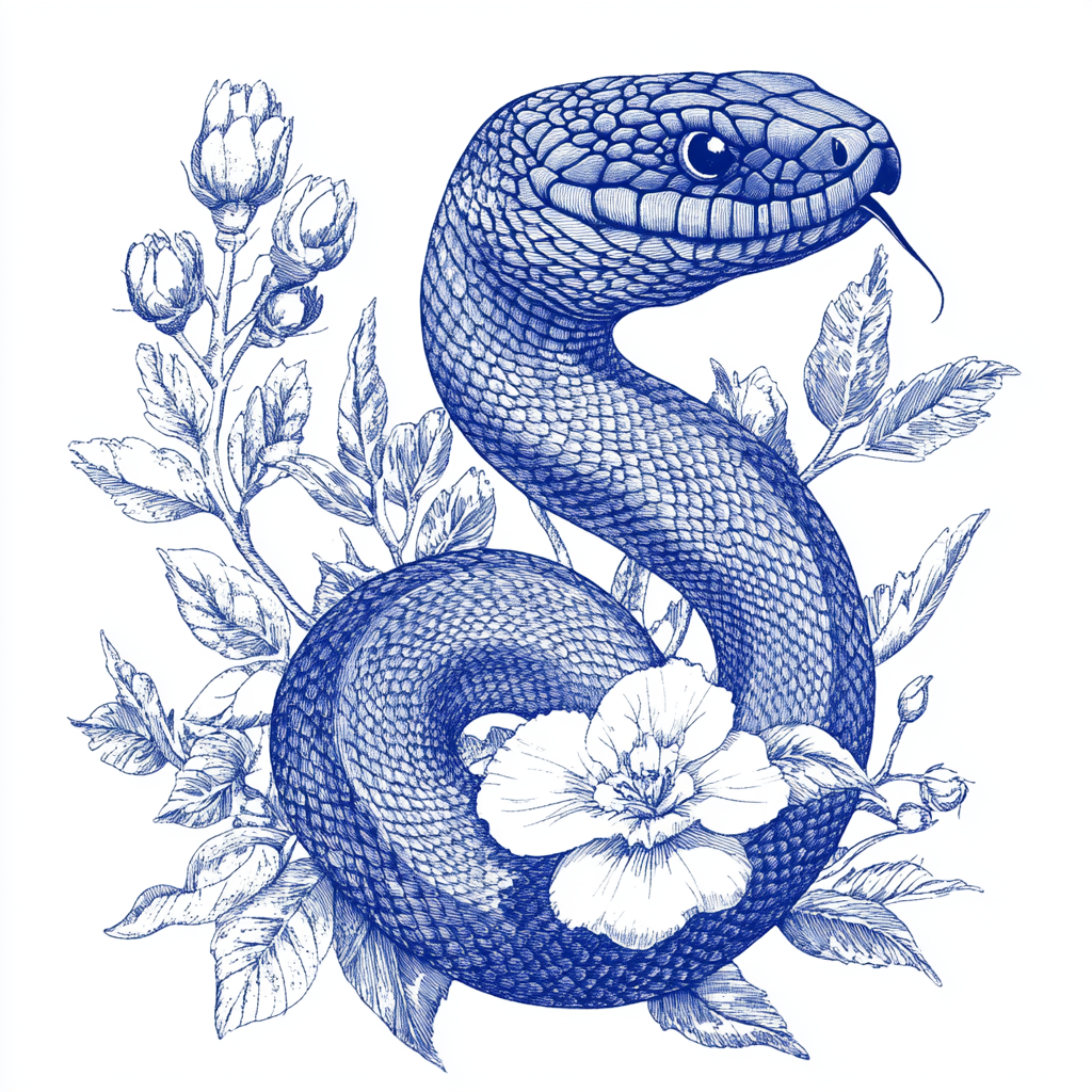 Snake illustration in vintage postcard style, blue ink, minimalist.