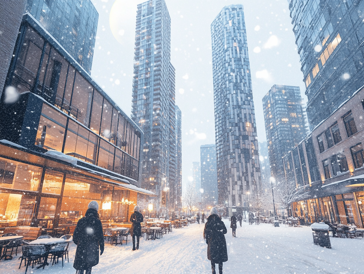 Snow-covered city with empty streets and cozy cafes