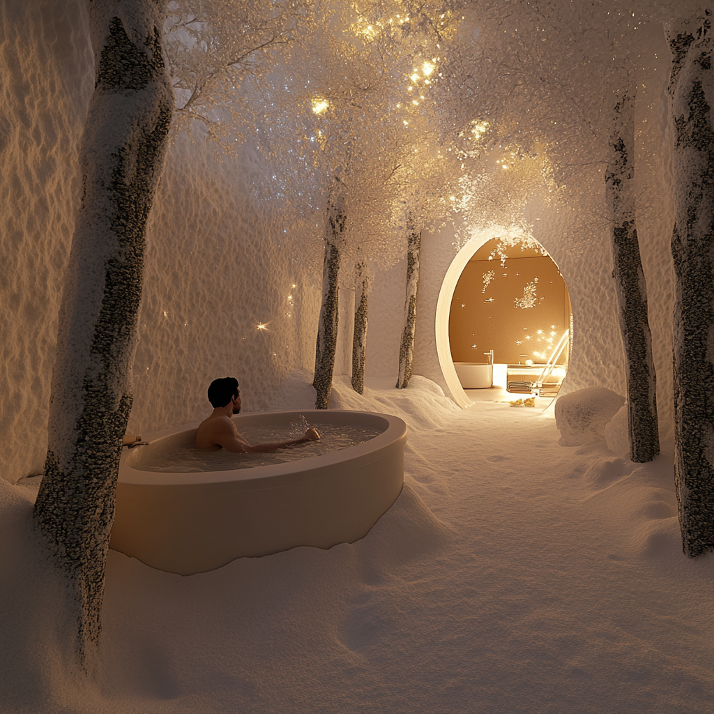 Snow spa in enclosed space with dim cool lighting.