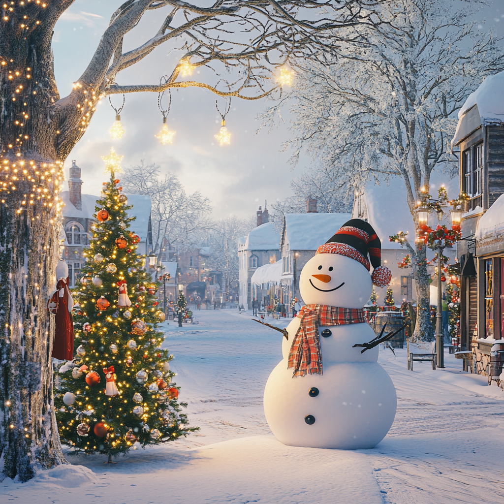 Snowy European Town with Snowman and Christmas Tree