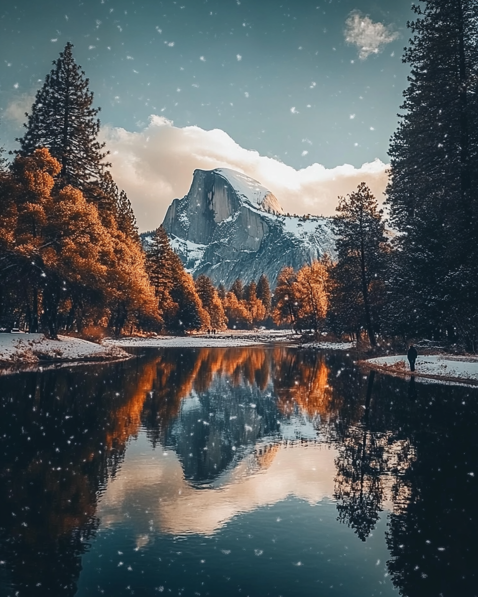 Snowy Half Dome at Yosemite with Autumn Reflections