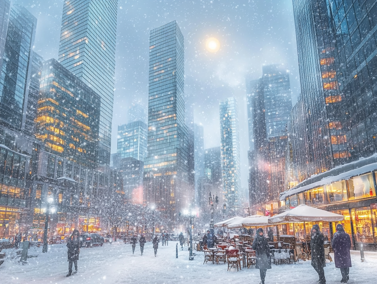 Snowy Metropolis: Streets, Skyscrapers, Cafés, Moon Light