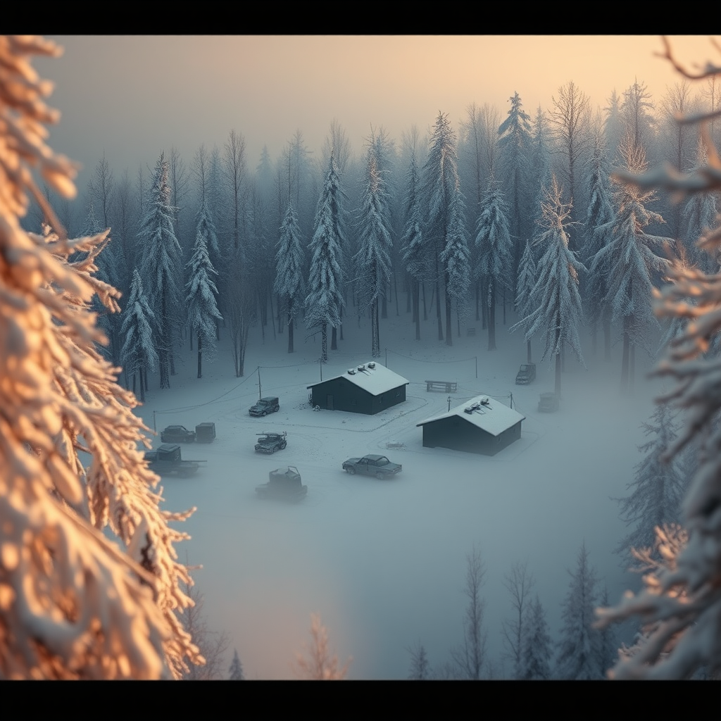 Snowy Military Base in Frozen Forest