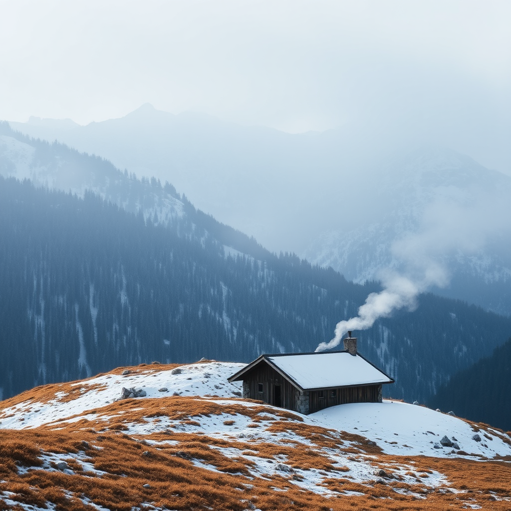 Snowy Mountain Hut with Smoke - Stock Photo