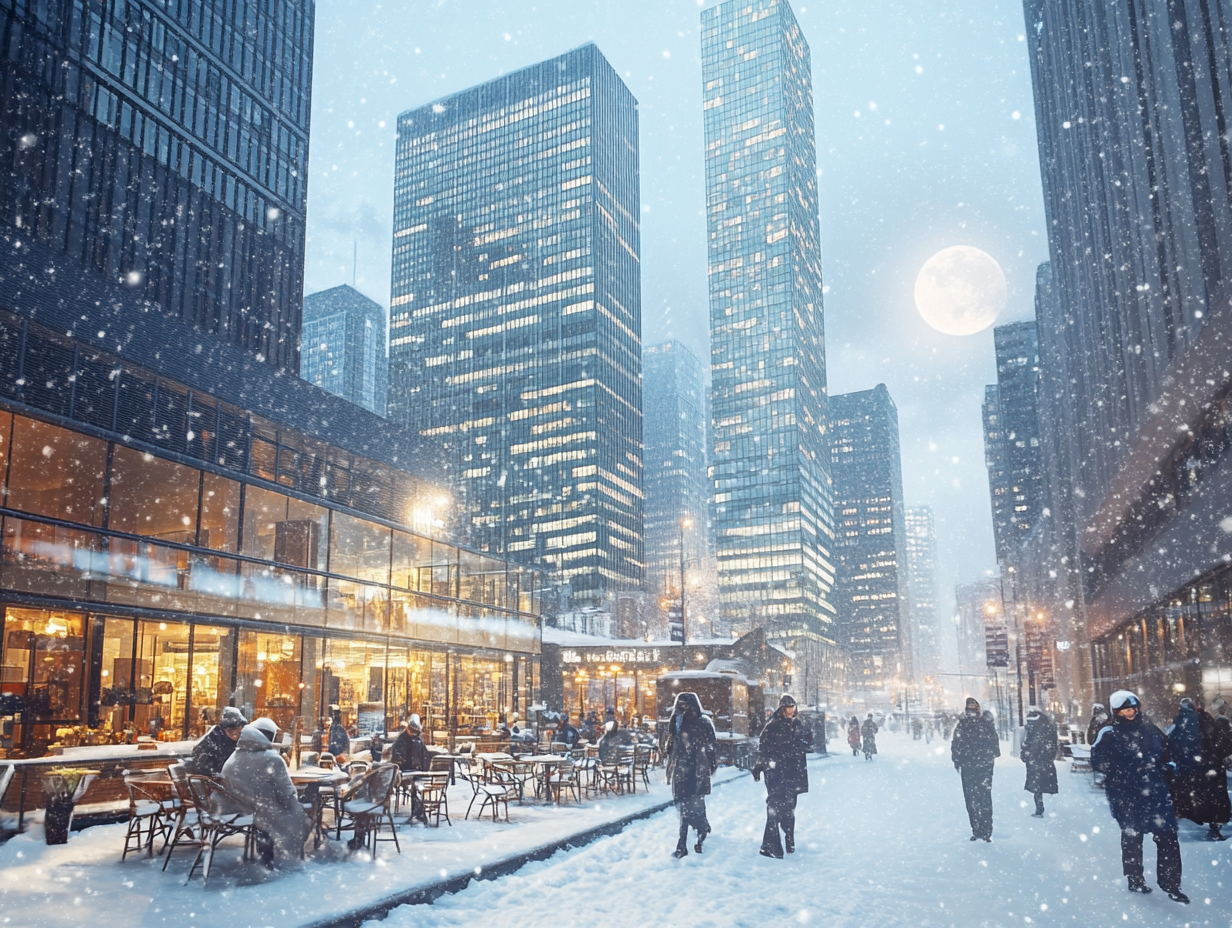 Snowy cityscape with cafes, moonlight, and visitors