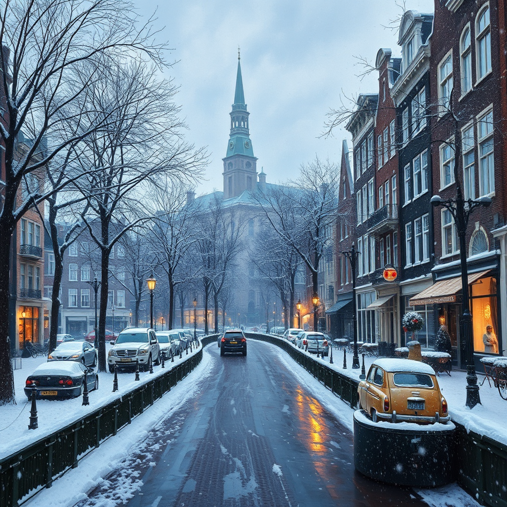 Snowy streets in Amsterdam, original artwork captured.