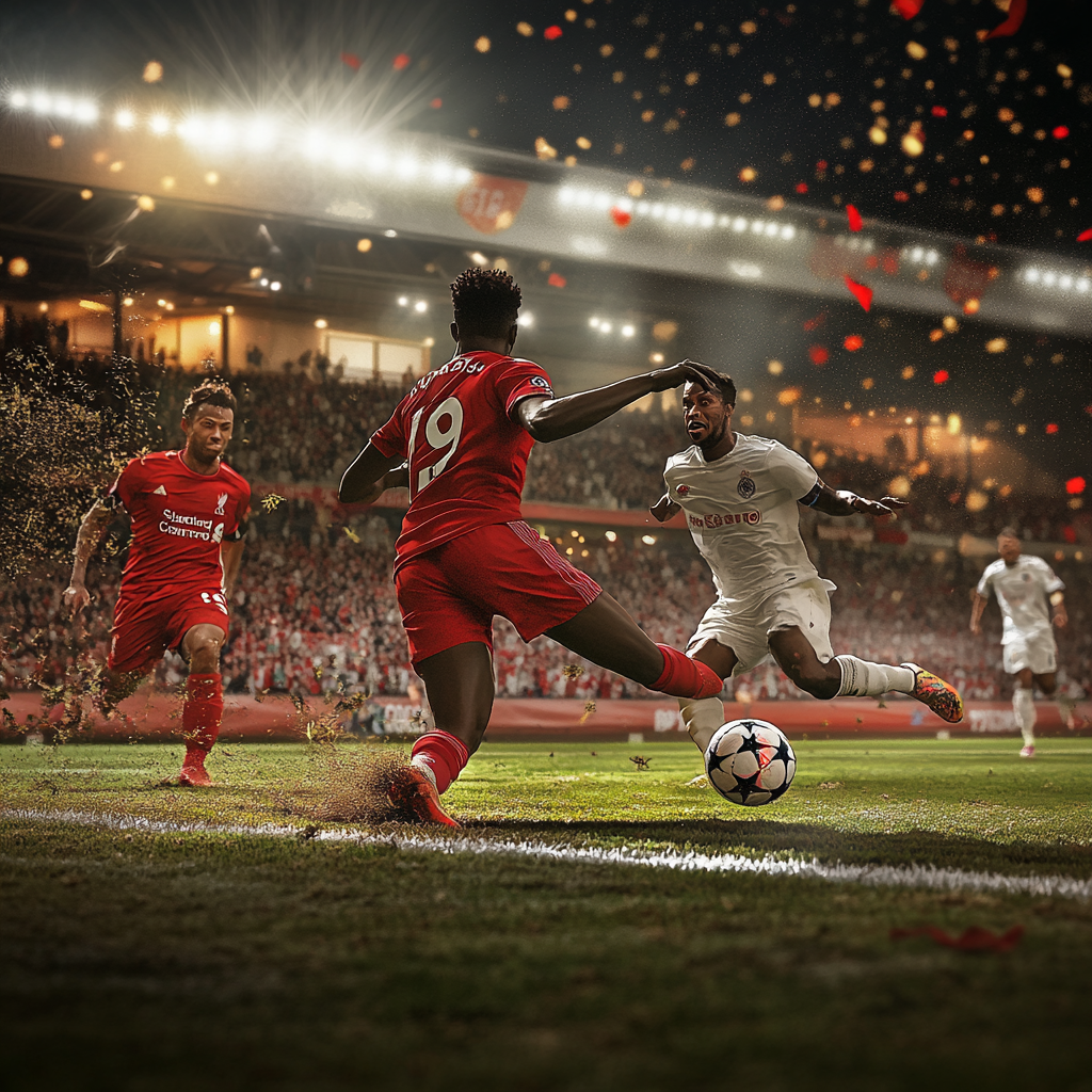 Soccer player's determined shot excites crowd.