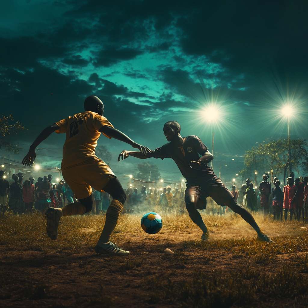 Soccer players fight in African-themed dreamscape with observers