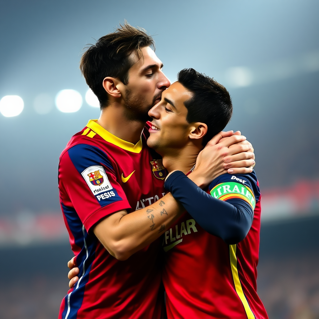 Soccer stars Messi and Ronaldo sharing a kiss.