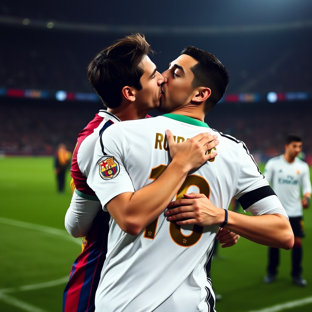 Soccer stars Messi and Ronaldo sharing kiss.