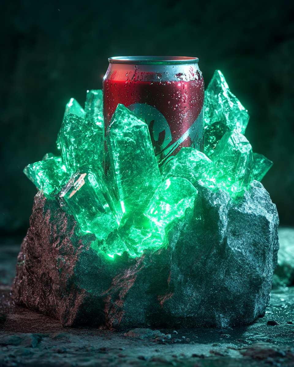 Soda can stuck in glowing green rock