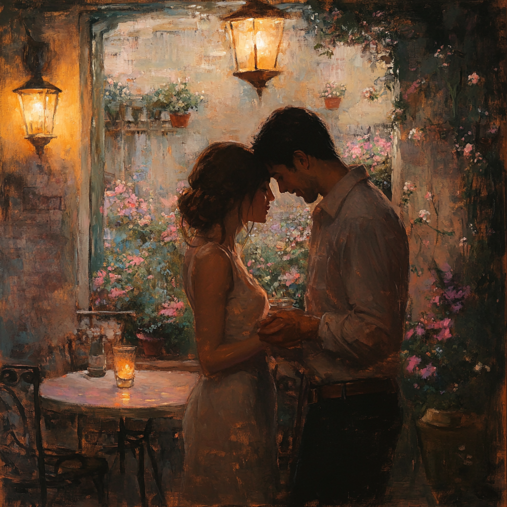 Soft, romantic scene captures tenderness, gradual connection in serene environment.