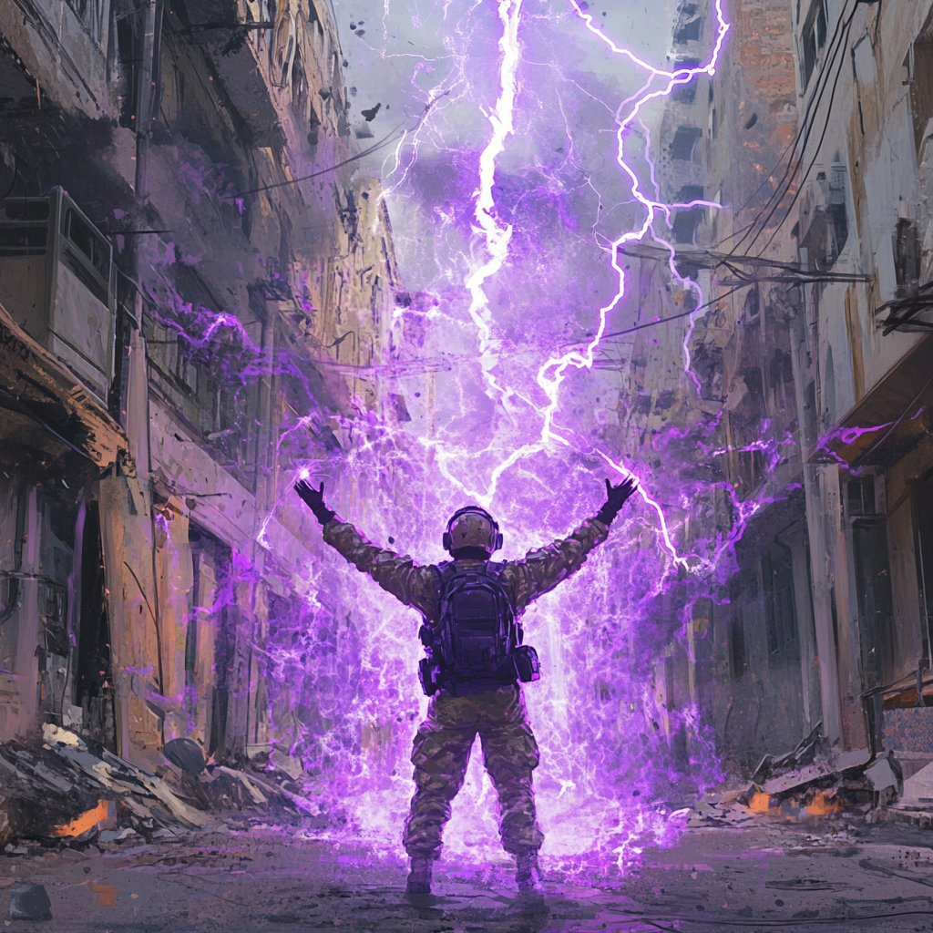 Soldier Summoning Lightning in Abandoned City