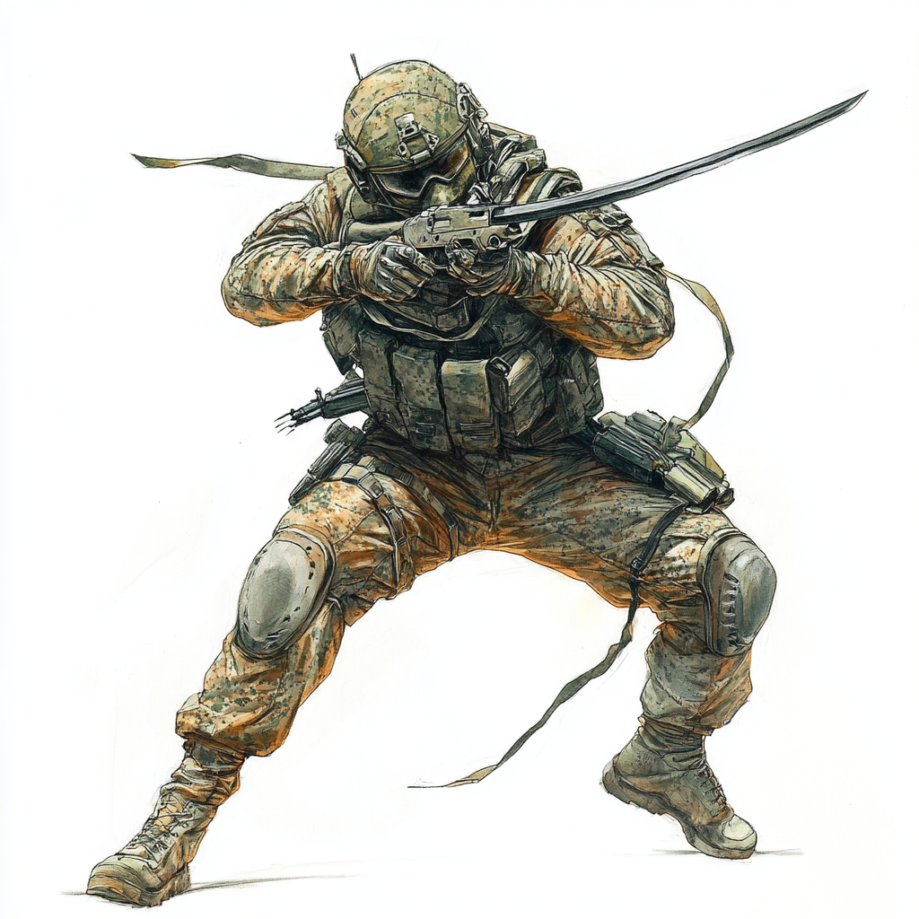 Soldier in combat with katana and rifle