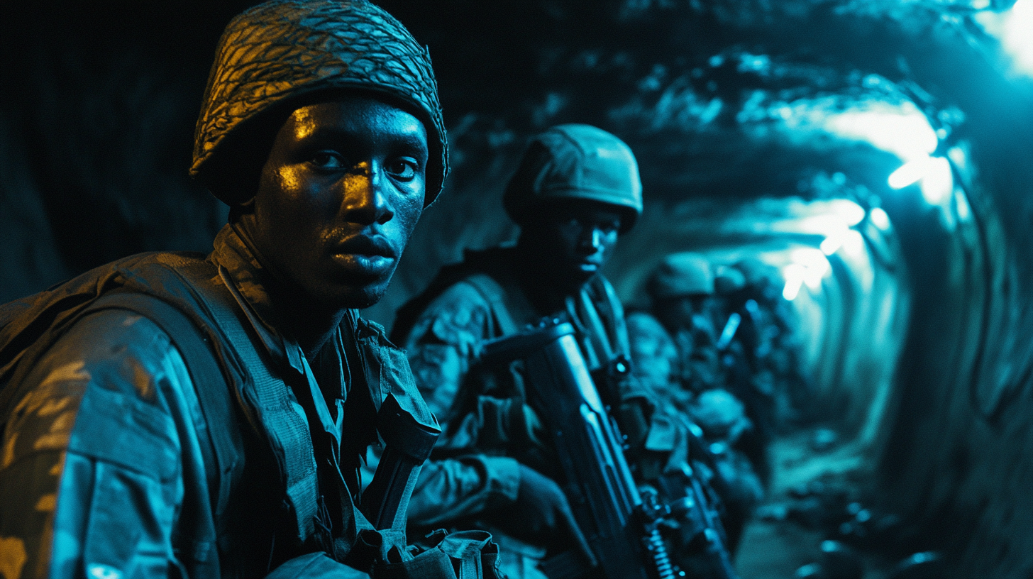 Soldiers training in bunker, dark cinematic style