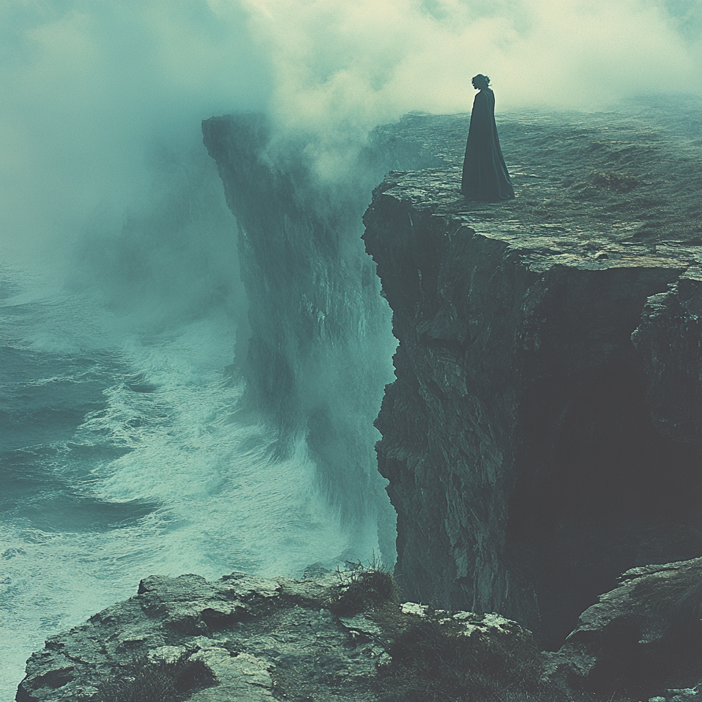 Solemn figure on cliff facing misty abyss.