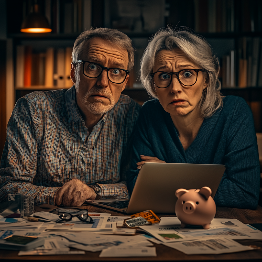 Sophisticated couple in their 50s, worried expressions, financial documents.