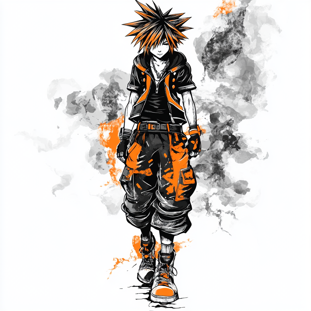 Sora in Rock Outfit: Anime Drawing with Smoke