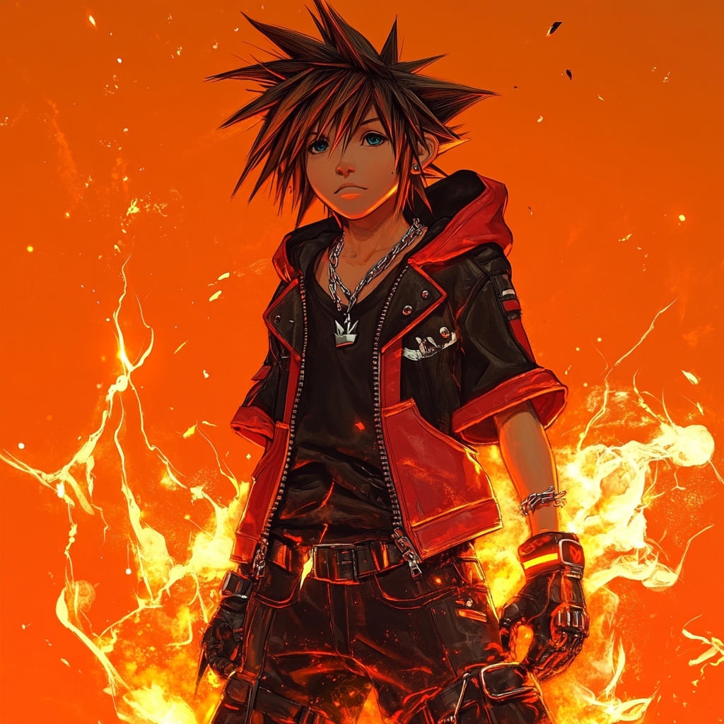 Sora in edgy rock clothes in anime style