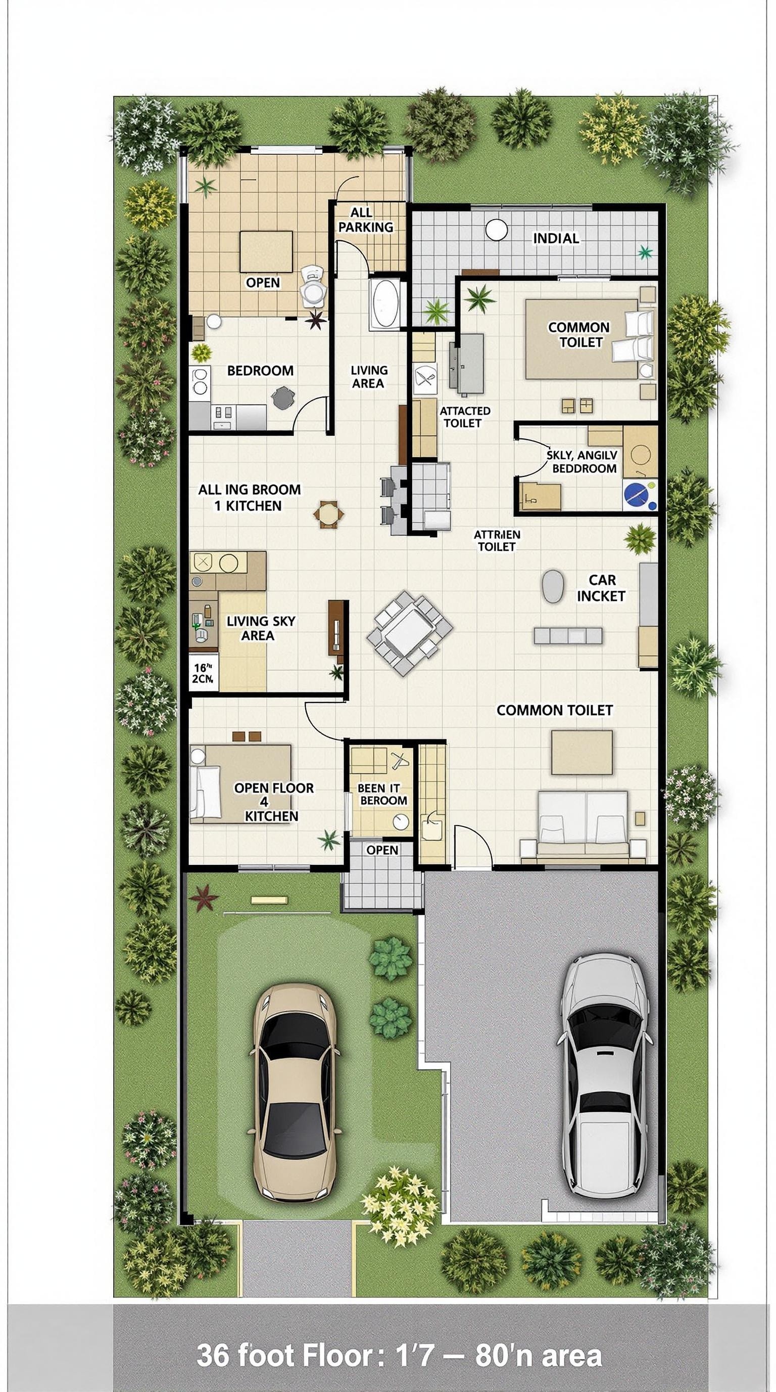 Spacious 5-Bedroom House Floor Plan With Greenery
