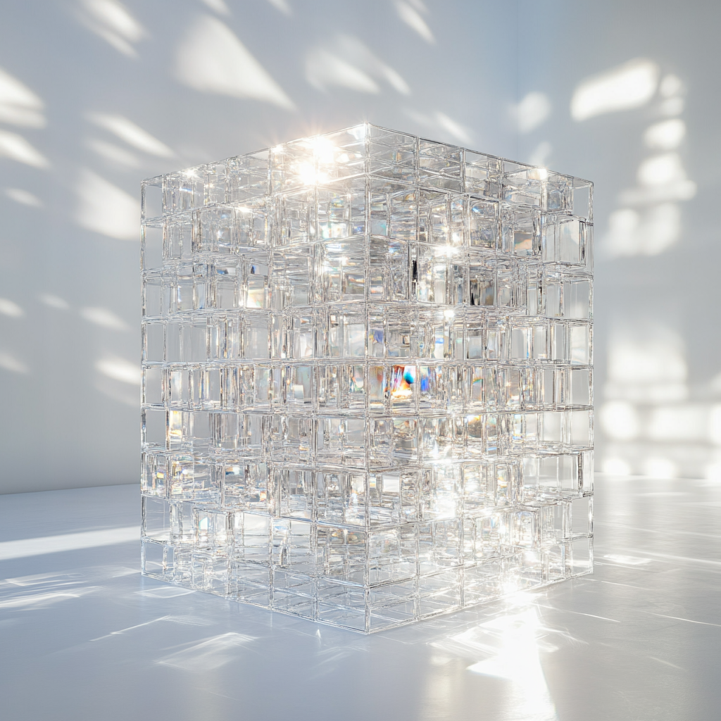 Sparkling Glass Cube with Floating Boxes in White Space