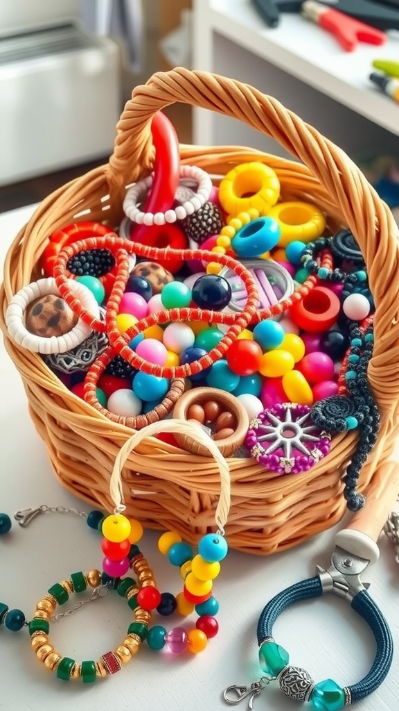 Sparkling Jewelry-Making Basket with Colorful Beads and Tools