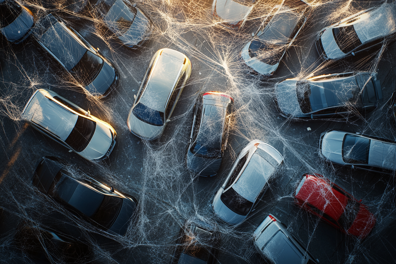 Sparkling Morning Car Lot with Intricate Webs