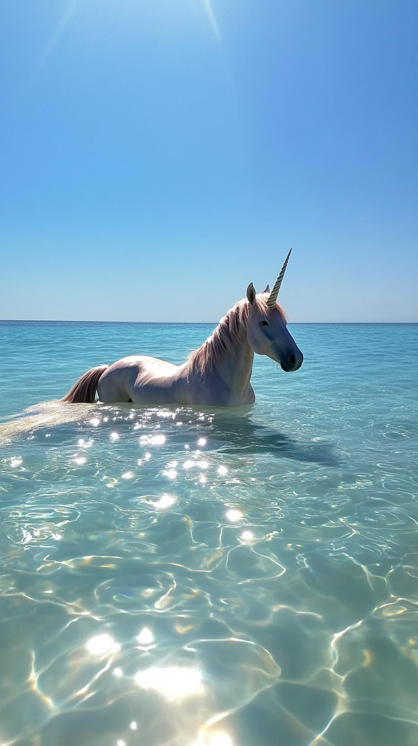 Sparkling Unicorn in Blue Ocean Under Sunlight