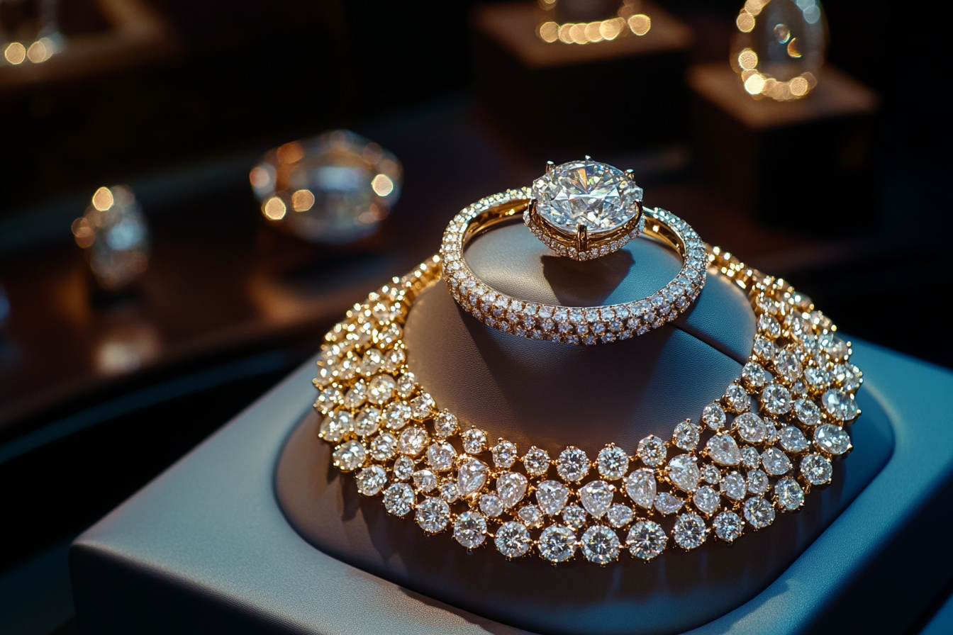 Sparkling diamond ring and necklace on display