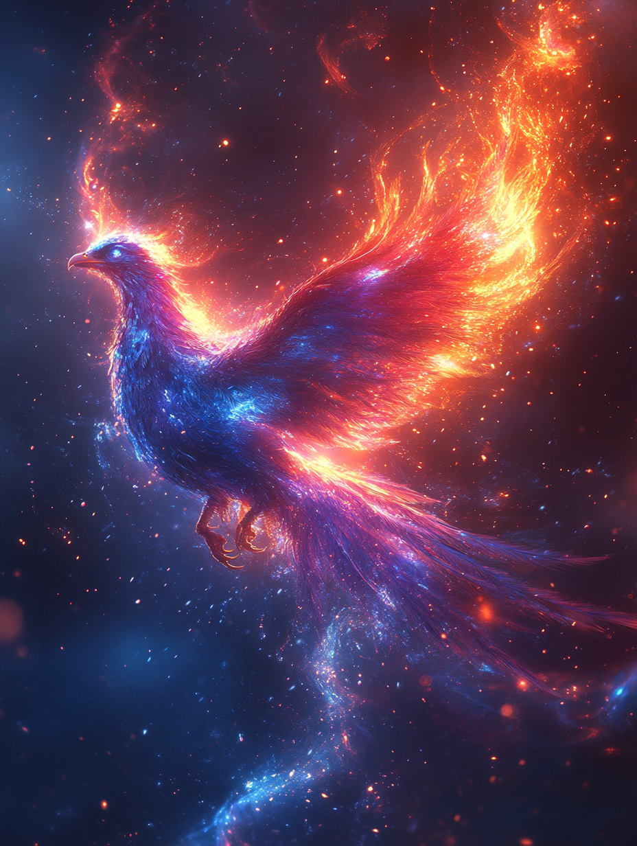 Sparkling phoenix symbolizing regeneration on white background